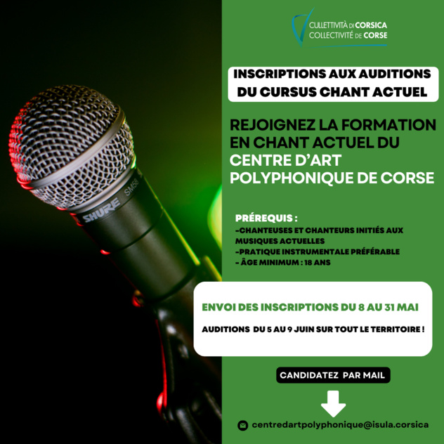 Inscriptions aux auditions du cursus chant actuel du Centru d'Arti Pulifonica di Corsica