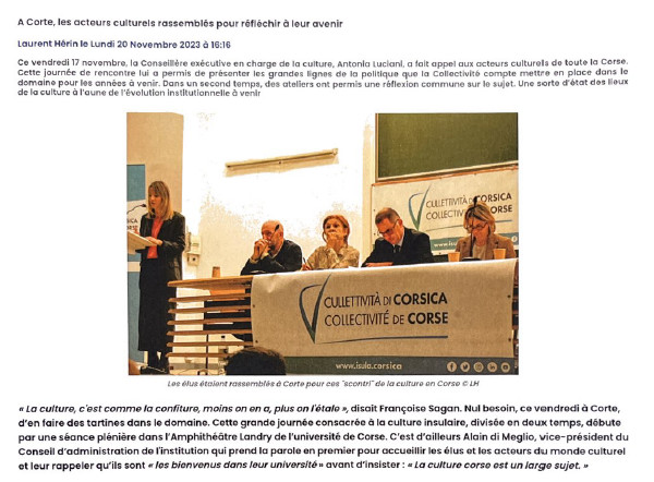 I Scontri di a Cultura - Vennari u 17 di nuvembre di u 2023 in Corti - Università di Corsica : La presse en parle