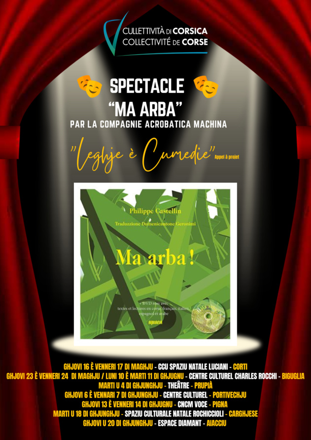 Du 16 mai au 20 juin sur tout le territoire représentations du spectacle « Ma Arba ! » par La Compagnie Acrobatica Machina dans le cadre du Prix LEGHJE-ELEGHJE et suite à l’appel à projets « LEGHJE E CUMEDIE » 