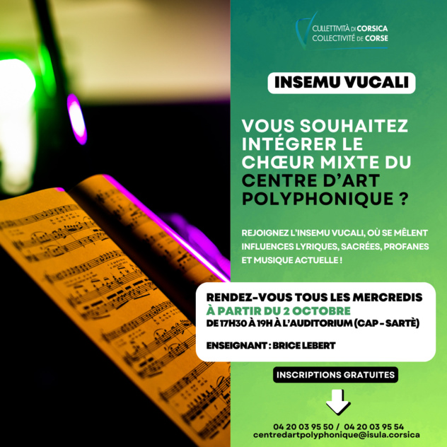 Inscrivez-vous pour intégrer le chœur mixte du Centre d’Art Polyphonique de Corse à Sartè ! Inscrivez-vous pour intégrer le chœur mixte du Centre d’Art Polyphonique de Corse à Sartè !