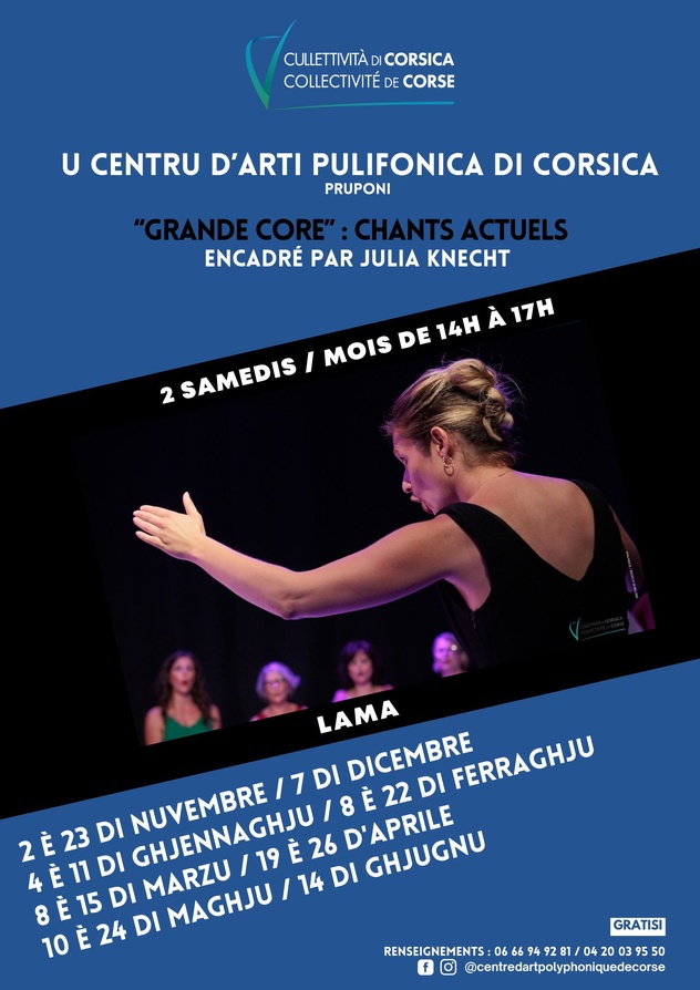 Retour en images sur l'atelier de chant actuel : "Grande core" proposé par le Centre d'Art Polyphonique de Corse et encadré par Julia Knecht qui s'est déroulé le samedi 23 novembre à la Casa di Lama Retour en images sur l'atelier de chant actuel : "Grande core" proposé par le Centre d'Art Polyphonique de Corse et encadré par Julia Knecht qui s'est déroulé le samedi 23 novembre à la Casa di Lama