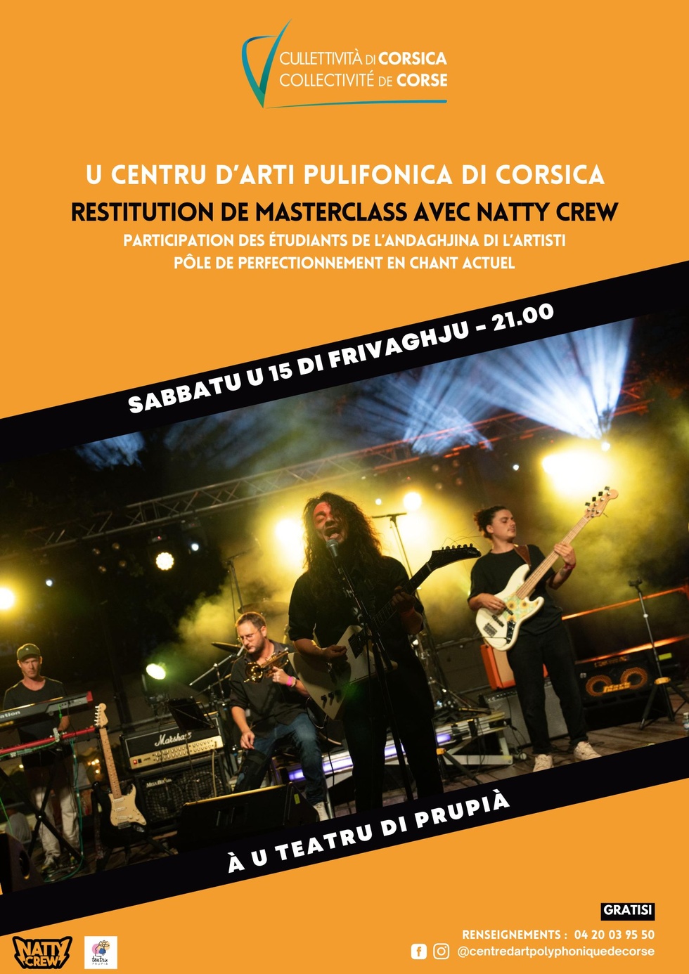 Retour en images sur la restitution de masterclass avec Natty Crew : Participation des étudiants de l’Andaghjina di l’Artisti (Pôle de perfectionnement en chant actuel du CAP) - Teatru di Prupià - Samedi 15 février Retour en images sur la restitution de masterclass avec Natty Crew : Participation des étudiants de l’Andaghjina di l’Artisti (Pôle de perfectionnement en chant actuel du CAP) - Teatru di Prupià - Samedi 15 février