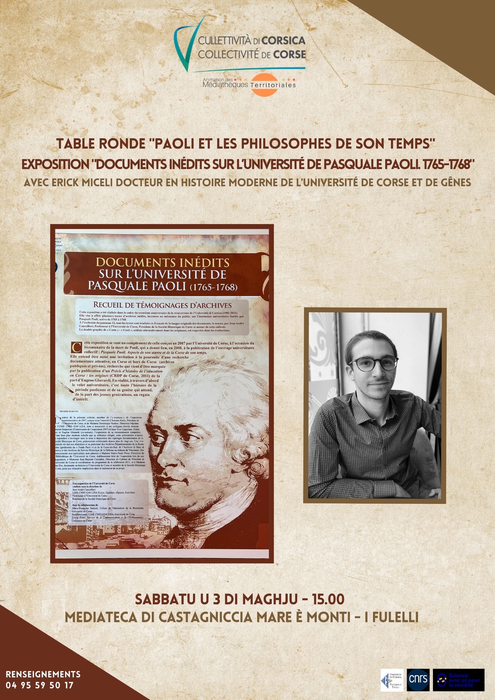 Table ronde : "Paoli et les philosophes de son temps" avec Erick Miceli et visite de l’exposition "Documents inédits sur l’université de Pasquale Paoli. 1765-1768." - Médiathèque de Castagniccia Mare et Monti - I Fulelli 