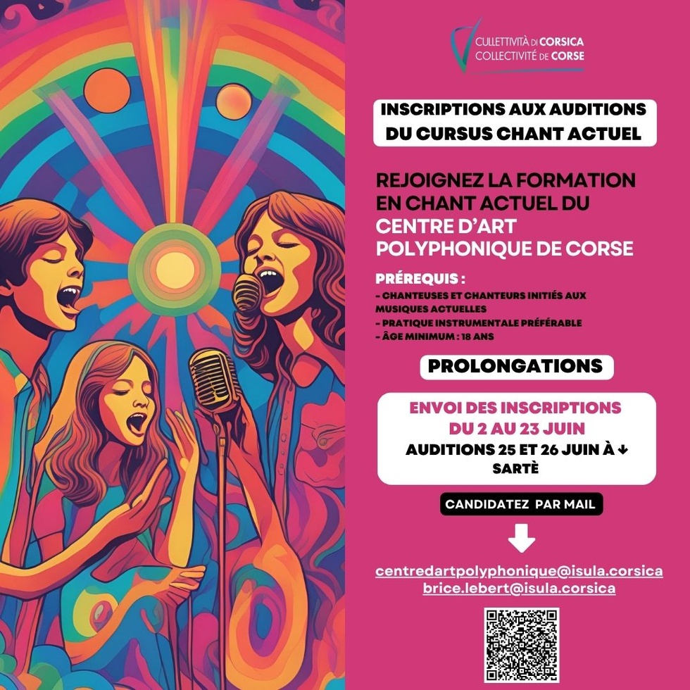 Prolongations des inscriptions aux auditions du cursus "Chant actuel" du Centru d'Arti Pulifonica di Corsica 