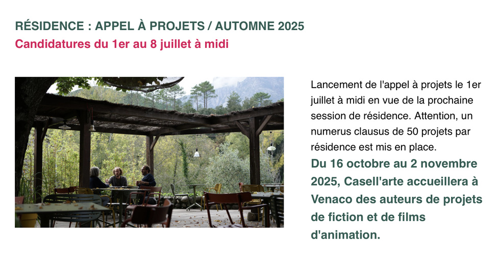 Appel à projets "Résidence d'écriture de scénario" : Fiction et animation (Automne) -  Fabbrica culturale CASELL'ARTE - Venacu