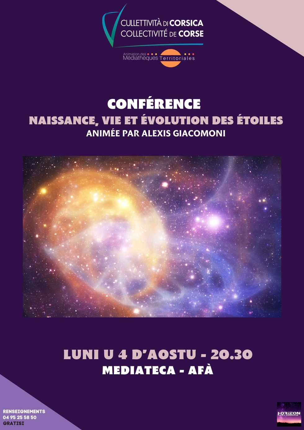 Conférence : "Naissance, vie et évolution des étoiles" animée par Alexis Giacomoni - Médiathèque - Afà
