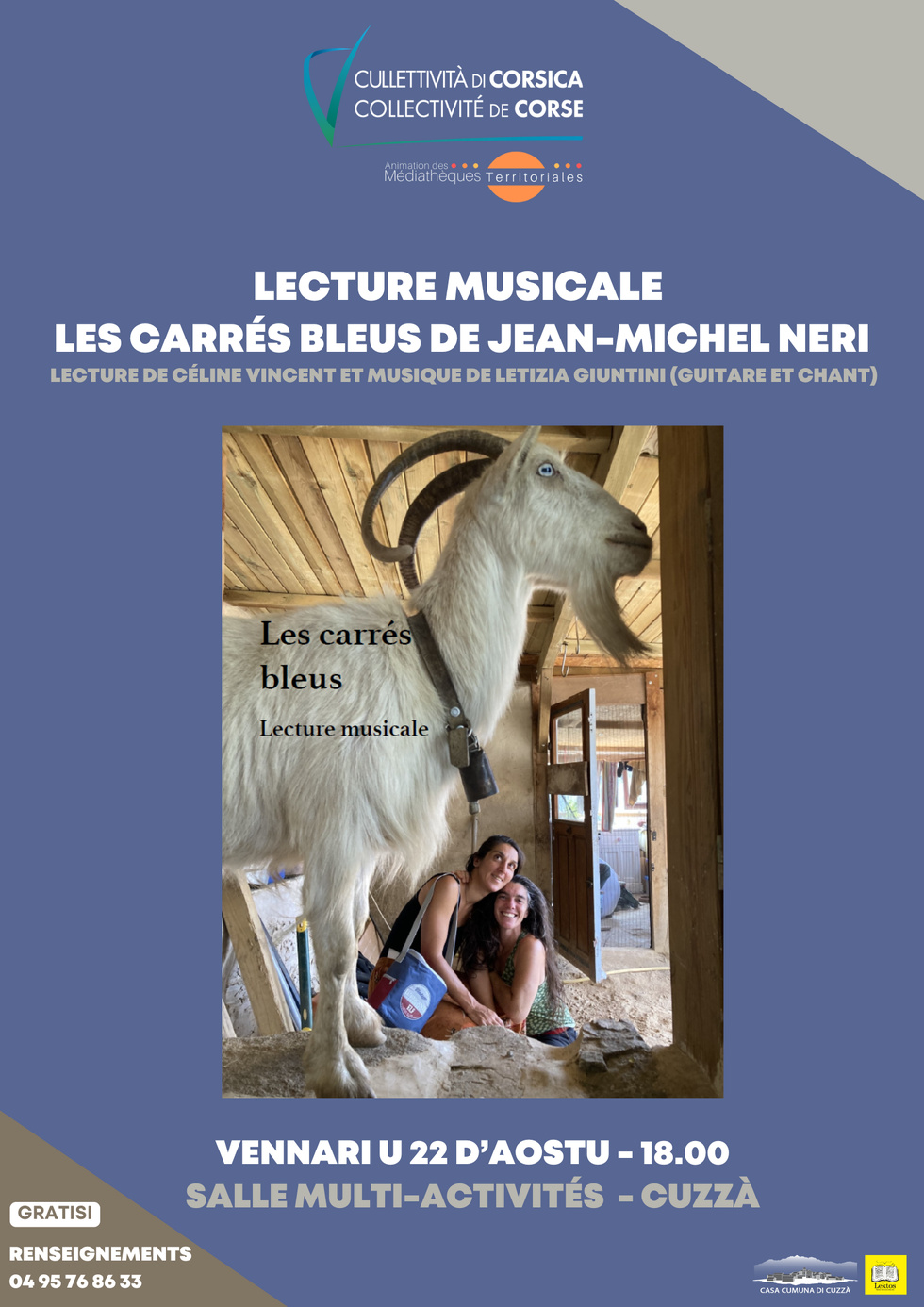 Lecture musicale : "Les carrés bleus" de Jean-Michel Neri,  Lecture de Céline Vincent et musique de Letizia Giuntini (guitare et chant) proposée par le Festival Lektos et le réseau des médiathèques territoriales - Salle multi-activités - Cuzzà