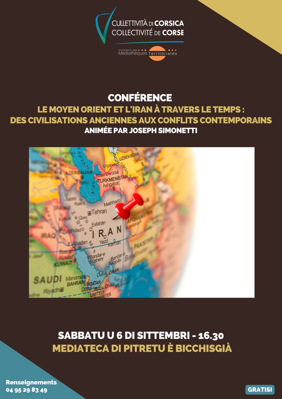 Conférence "Le moyen Orient et l'Iran à travers le temps : Des civilisations anciennes aux conflits contemporains" animée par Joseph Simonetti - Médiathèque - Pitretu è Bicchisgià