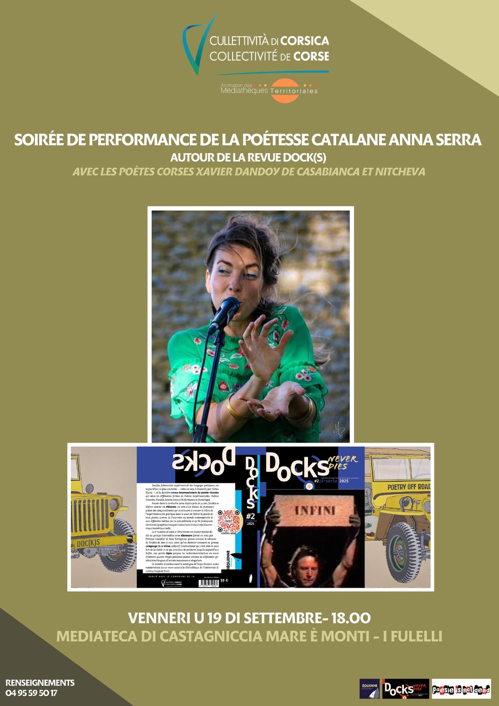 Soirée de performance de la poétesse catalane Anna Serra autour de la revue Dock(s) avec les poètes corses Xavier Dandoy de Casabianca et Nitcheva - Médiathèque de Castagniccia Mare et Monti - I Fulelli 