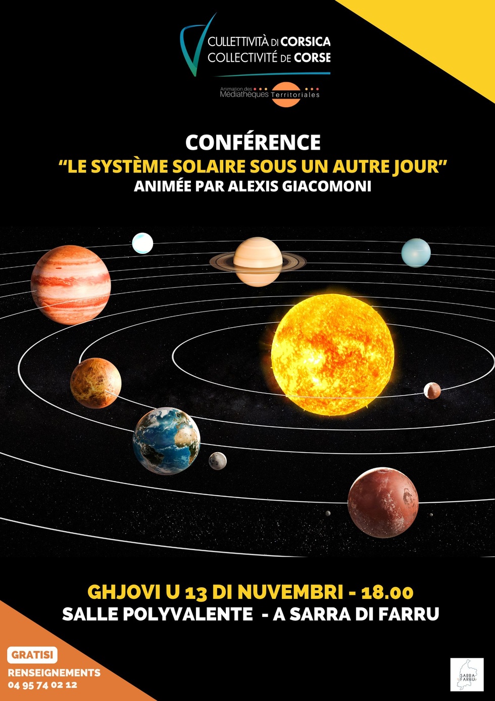 Conférence : Le système solaire sous un autre jour animée par Alexis Giacomoni - Salle polyvalente - A Sarra di Farru Conférence : Le système solaire sous un autre jour animée par Alexis Giacomoni - Salle polyvalente - A Sarra di Farru