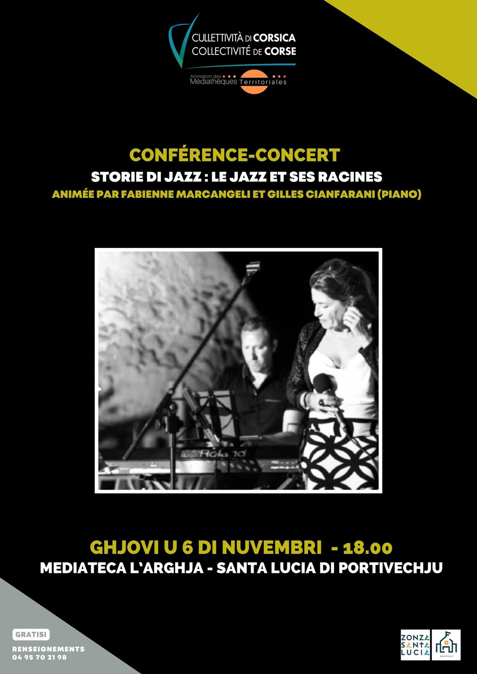 Conférence-concert : "Storie di jazz : le jazz et ses racines" animée par Fabienne Marcangeli et Gilles Cianfarani (piano) - Médiathèque "L'Arghja" - Santa Lucia di Portivechju
