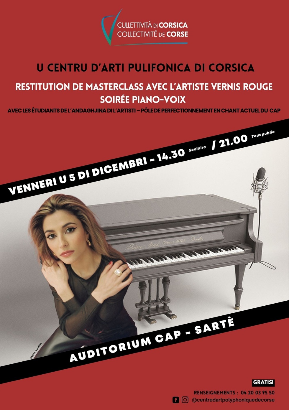 Restitution de masterclass avec l'artiste Vernis Rouge : Soirée piano-voix, Participation des étudiants de l’Andaghjina di l’Artisti (Pôle de perfectionnement en Chant Actuel) - Centru d'Arti Pulifonica di Corsica - Sartè