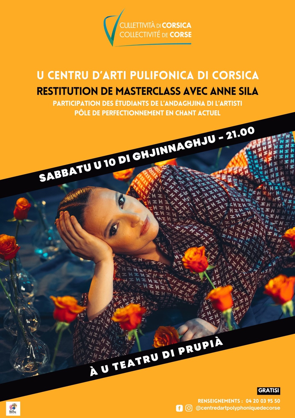 Restitution de masterclass avec Anne Sila, Participation des étudiants de l’Andaghjina di l’Artisti (Pôle de perfectionnement en Chant Actuel) - Teatru di Prupià Restitution de masterclass avec Anne Sila, Participation des étudiants de l’Andaghjina di l’Artisti (Pôle de perfectionnement en Chant Actuel) - Teatru di Prupià