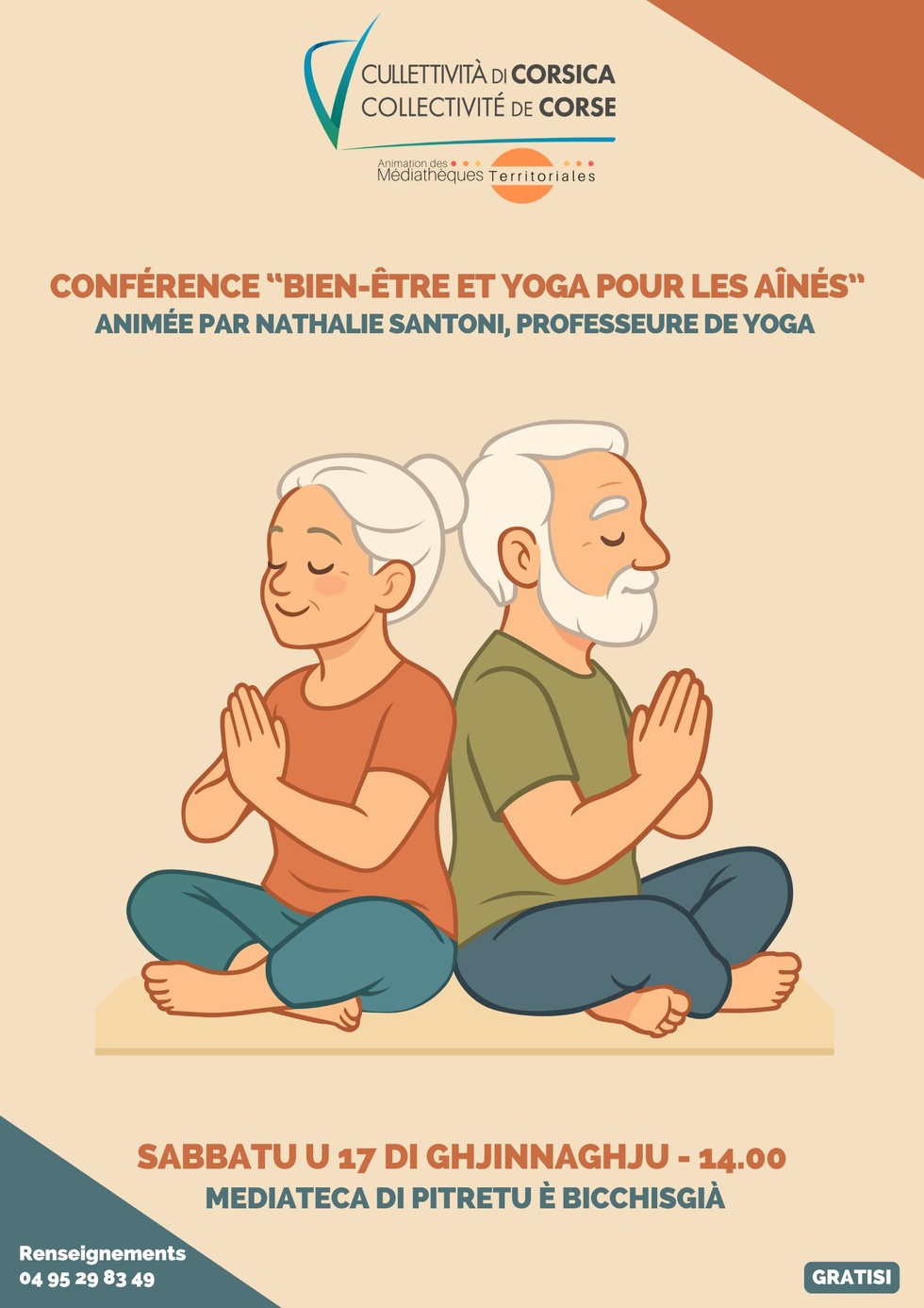 Conférence : "Bien-être et yoga pour les aînés !" animée par Nathalie Santoni, professeure de yoga - Médiathèque - Pitretu è Bicchisgià Conférence : "Bien-être et yoga pour les aînés !" animée par Nathalie Santoni, professeure de yoga - Médiathèque - Pitretu è Bicchisgià