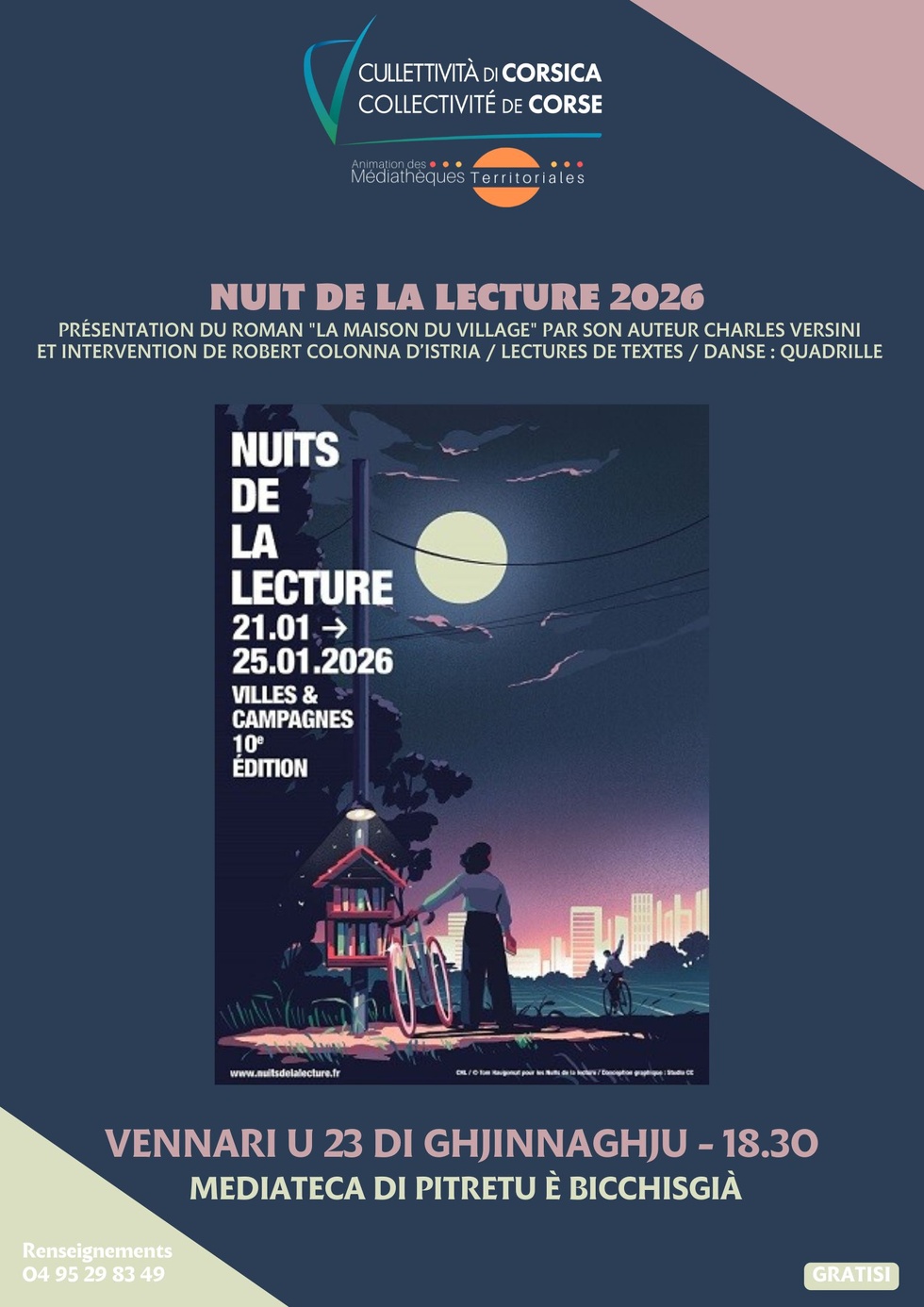 Nuit de la lecture : Présentation du roman "La maison du village" par son auteur Charles Versini et intervention de robert colonna d’istria / Lectures de textes / Danse : Quadrille - Médiathèque - Pitretu è Bicchisgià Nuit de la lecture : Présentation du roman "La maison du village" par son auteur Charles Versini et intervention de robert colonna d’istria / Lectures de textes / Danse : Quadrille - Médiathèque - Pitretu è Bicchisgià