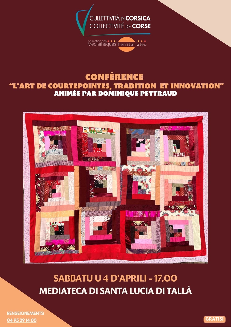 Conférence : “L’art de courtepointes, tradition et innovation”animée par Dominique Peytraud - Mediateca territuriale di Santa Lucia di Tallà Conférence : “L’art de courtepointes, tradition et innovation”animée par Dominique Peytraud - Mediateca territuriale di Santa Lucia di Tallà