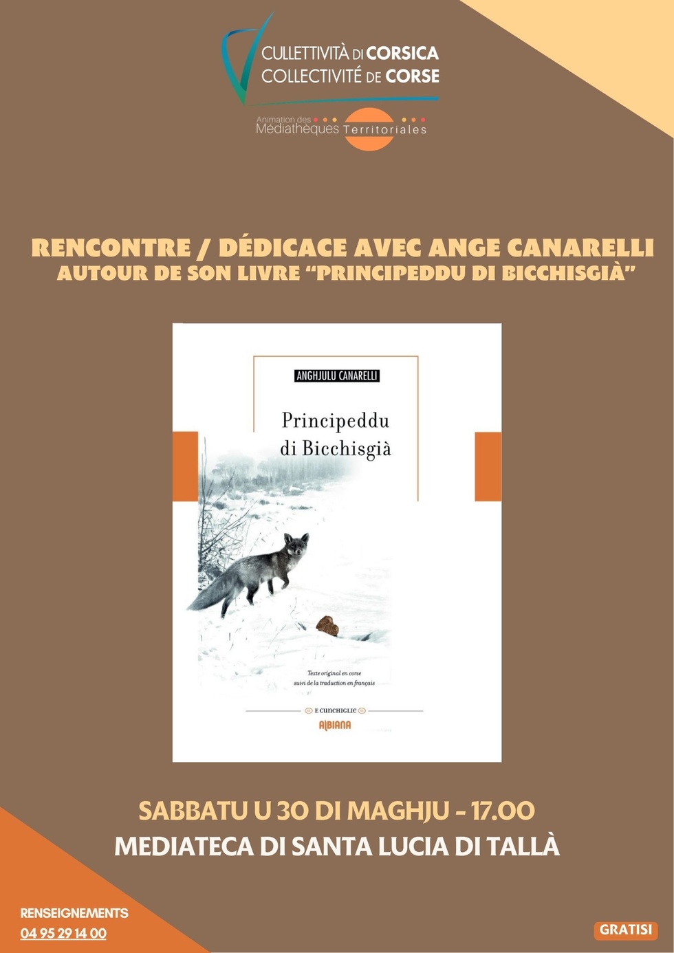 Rencontre / dédicace avec Ange Canarelli autour de son livre « Principeddu di Bicchisgià » - Mediateca territuriale di Santa Lucia di Tallà