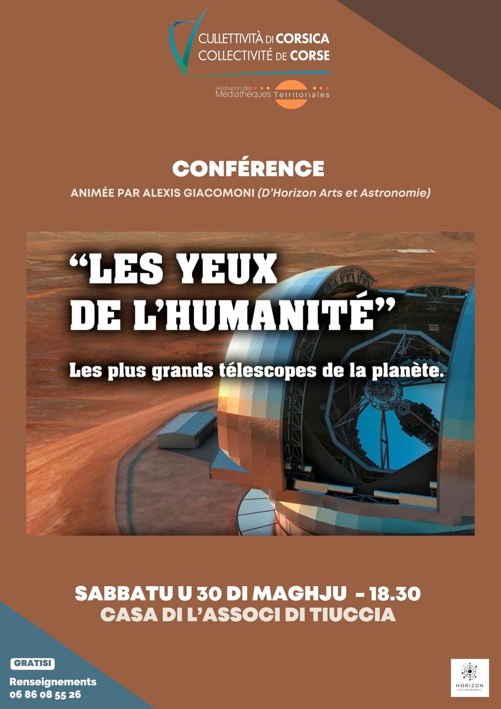 Conférence : Les yeux de l’humanité : les plus grands télescopes de la planète animée par Alexis Giacomoni - Casa di l’Associ di Tiuccia Conférence : Les yeux de l’humanité : les plus grands télescopes de la planète animée par Alexis Giacomoni - Casa di l’Associ di Tiuccia