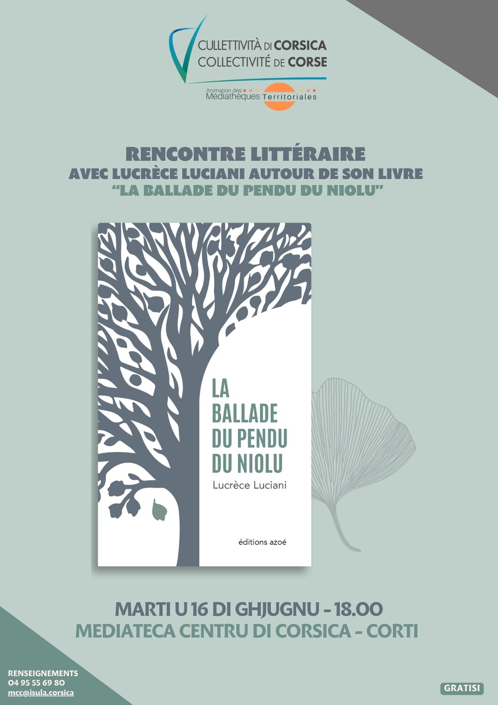 Rencontre littéraire avec Lucrèce Luciani autour de son livre  “La ballade du pendu du Niolu” - Mediateca Centru di corsica - Corti 