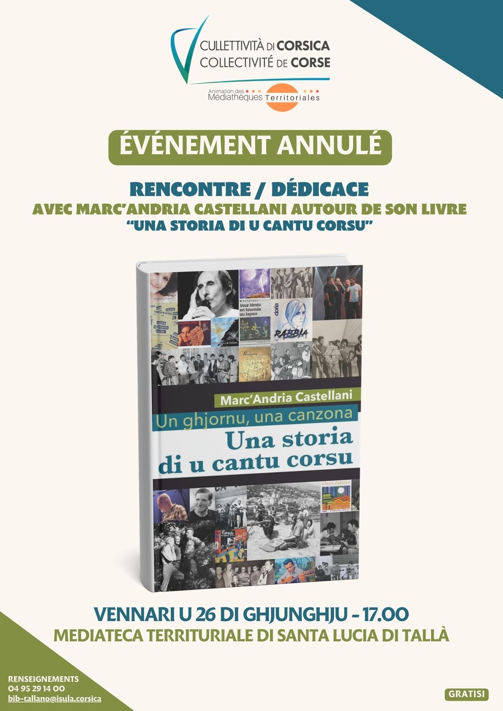 !Événement annulé ! Rencontre, dédicace avec Marc’Andria Castellani autour de son livre "Una storia di u cantu corsu" - Mediateca territuriale di Santa Lucia di Tallà !Événement annulé ! Rencontre, dédicace avec Marc’Andria Castellani autour de son livre "Una storia di u cantu corsu" - Mediateca territuriale di Santa Lucia di Tallà