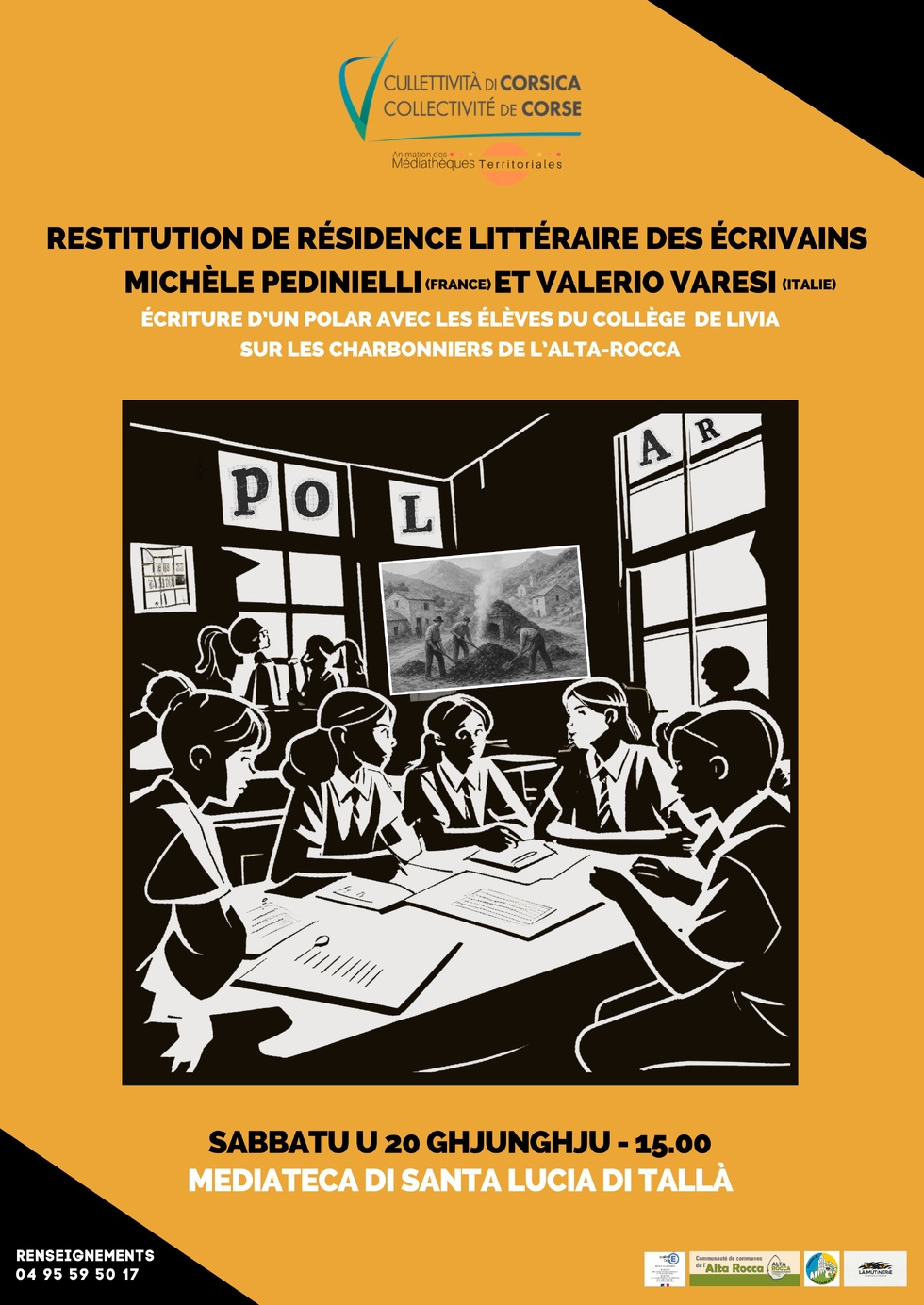 Restitution de résidence avec les écrivains Michèle Pedinielli (France) et Valerio Varesi (Italie) : Écriture d’un polar avec les élèves du collège de Livia sur les charbonniers de l’Alta-Rocca - Mediateca territuriale di Santa Lucia di Tallà 
