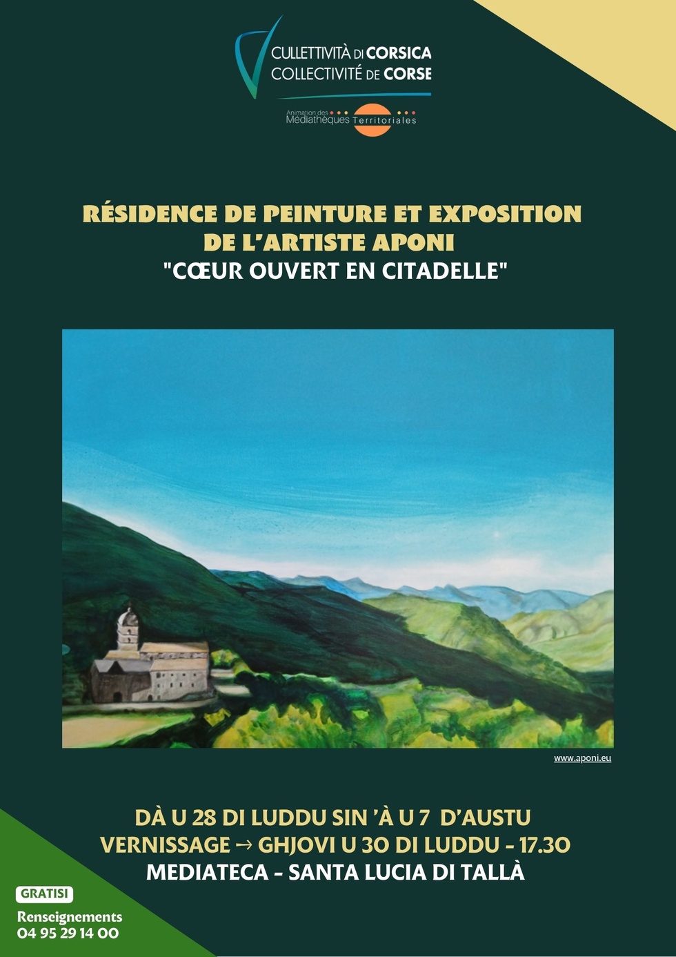 Résidence de peinture et exposition de l’artiste Aponi : "Cœur ouvert en citadelle" - Mediateca territuriale di Santa Lucia di Tallà Résidence de peinture et exposition de l’artiste Aponi : "Cœur ouvert en citadelle" - Mediateca territuriale di Santa Lucia di Tallà