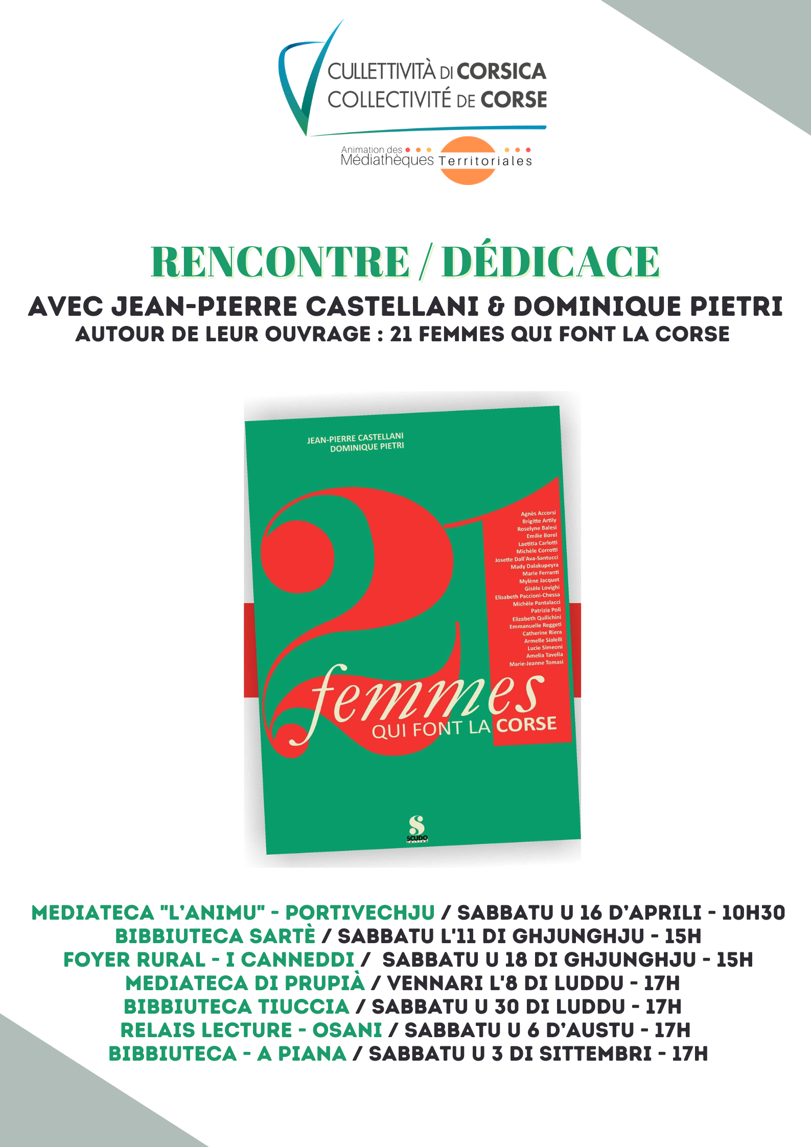 Rencontre / dédicace avec Jean-Pierre Castellani et Dominique Pietri autour de leur ouvrage « 21 femmes qui font la Corse »