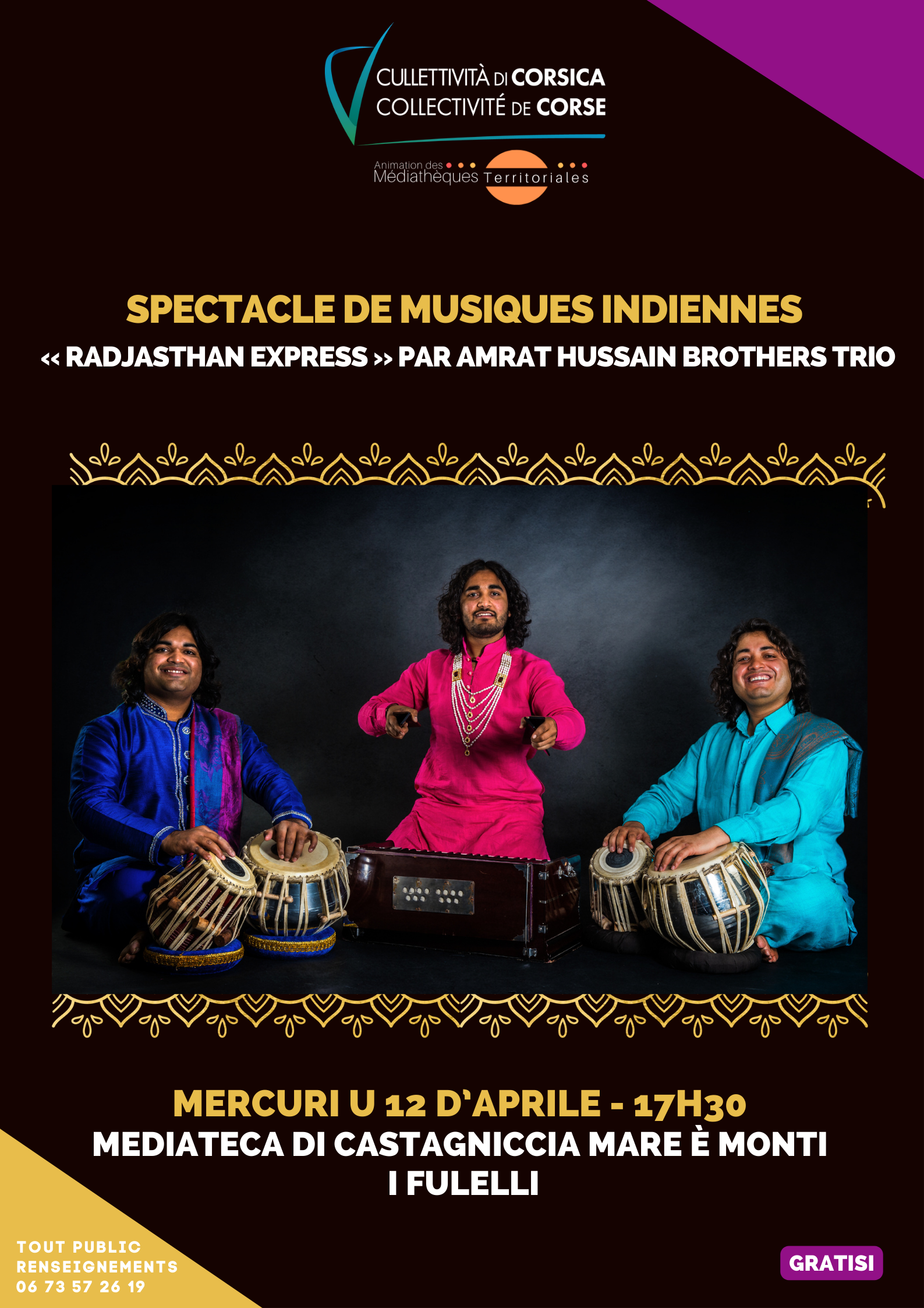 Spectacle de musiques indiennes « Radjasthan Express » par Amrat Hussain Brothers Trio - Médiathèque de Castagniccia Mare è Monti - I Fulelli