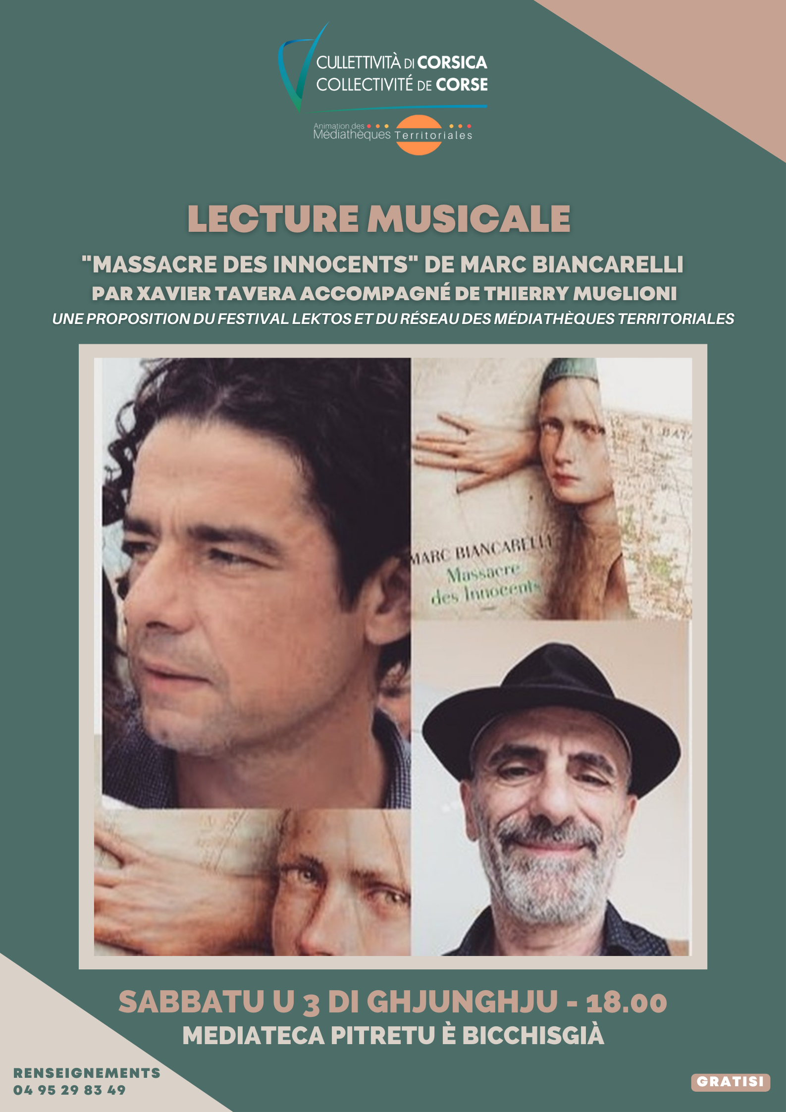 Lecture musicale : "Massacre des innocents" de Marc Biancarelli par Xavier Tavera accompagné de Thierry Muglioni - Mediateca - Pitretu è Bicchisgià 