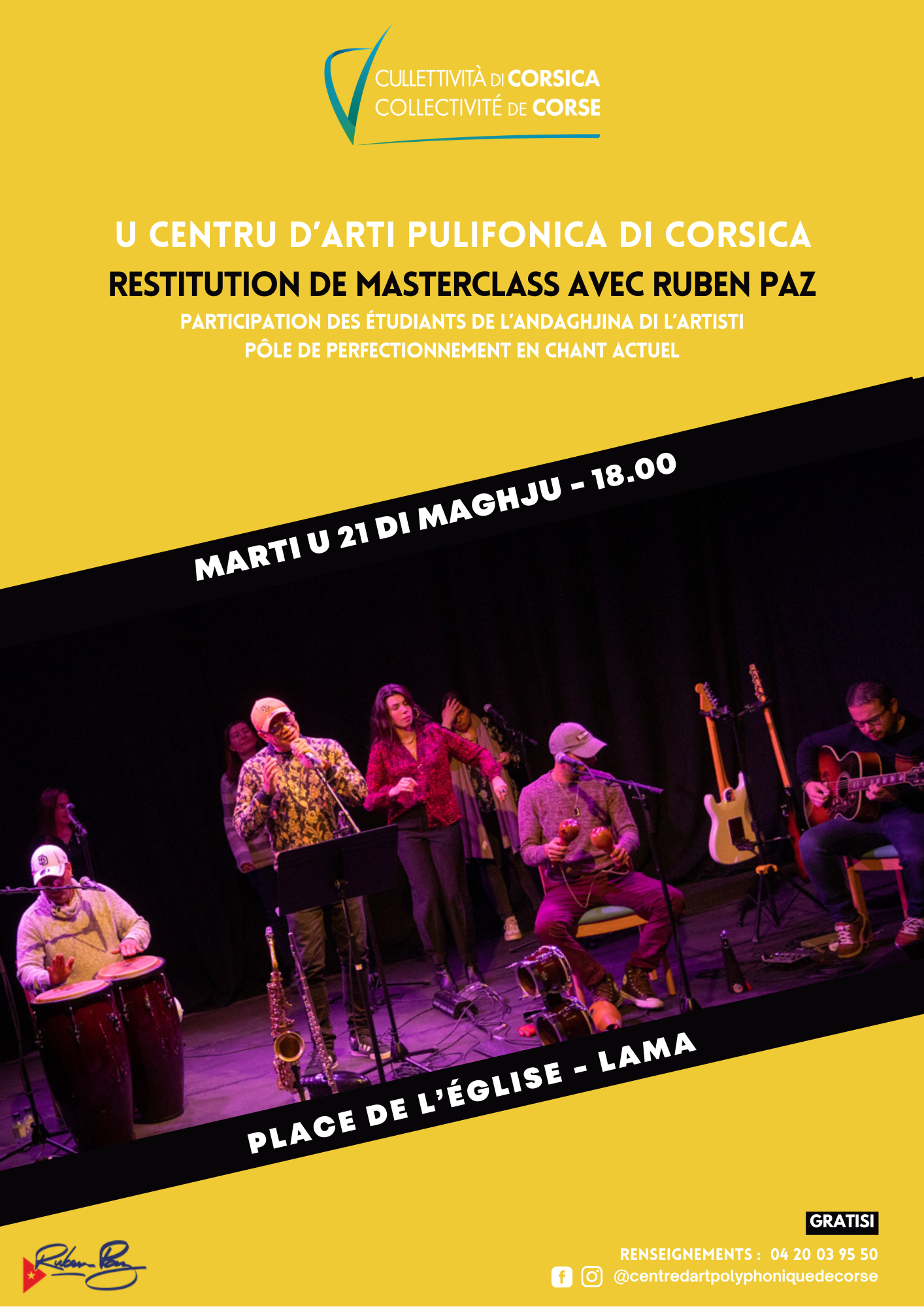 Retour en images : Restitution de masterclass avec Ruben Paz, Participation des étudiants de l’Andaghjina di l’Artisti (Pôle de perfectionnement en Chant Actuel du Centre d'Art Polyphonique de Corse) - Place de l'église - Lama