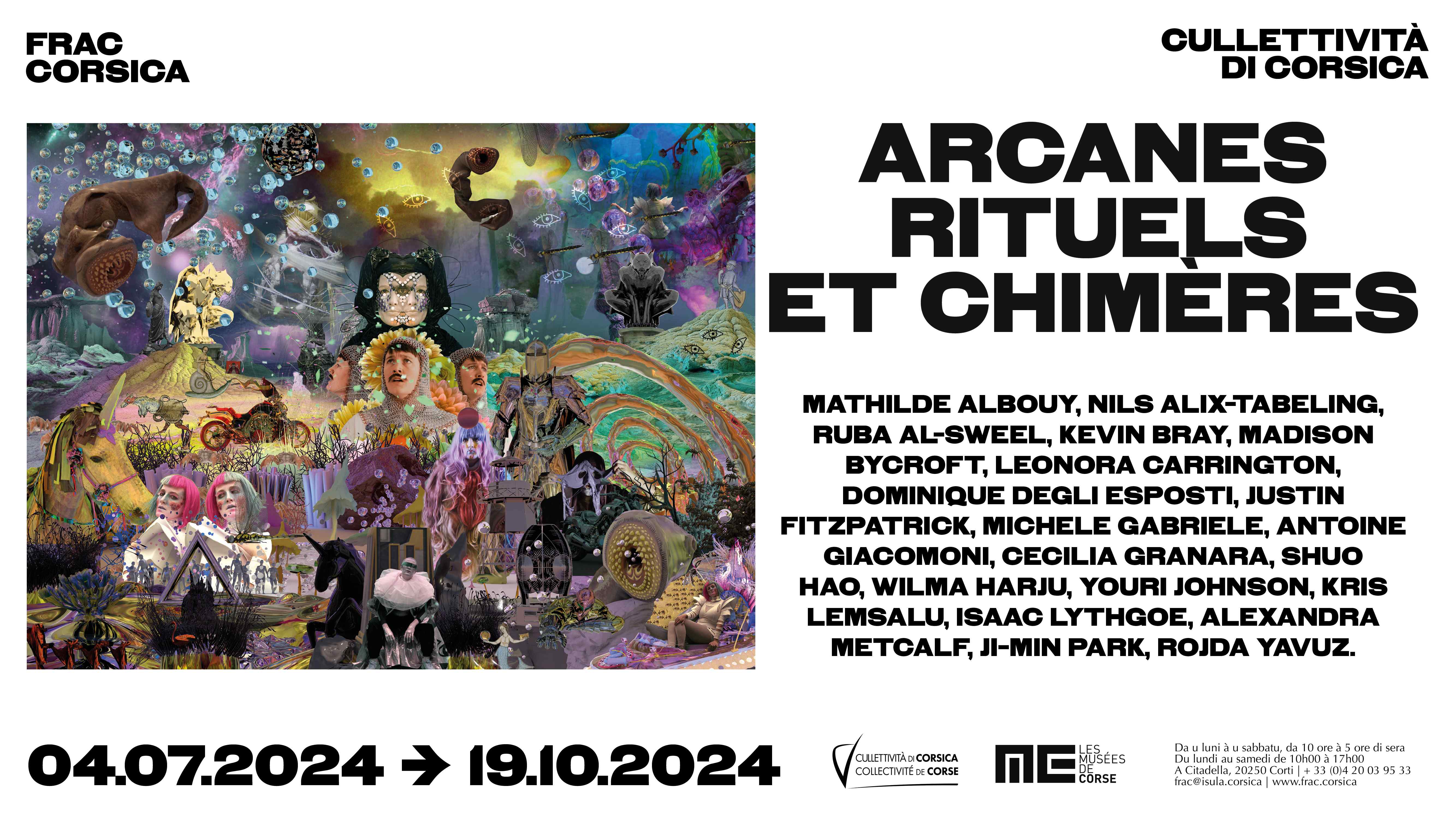 Reportage à l'occasion de l'inauguration de la nouvelle exposition du FRAC Corsica "Arcanes, Rituels et Chimères" qui a eu lieu à Corti le 3 juillet 2024. 