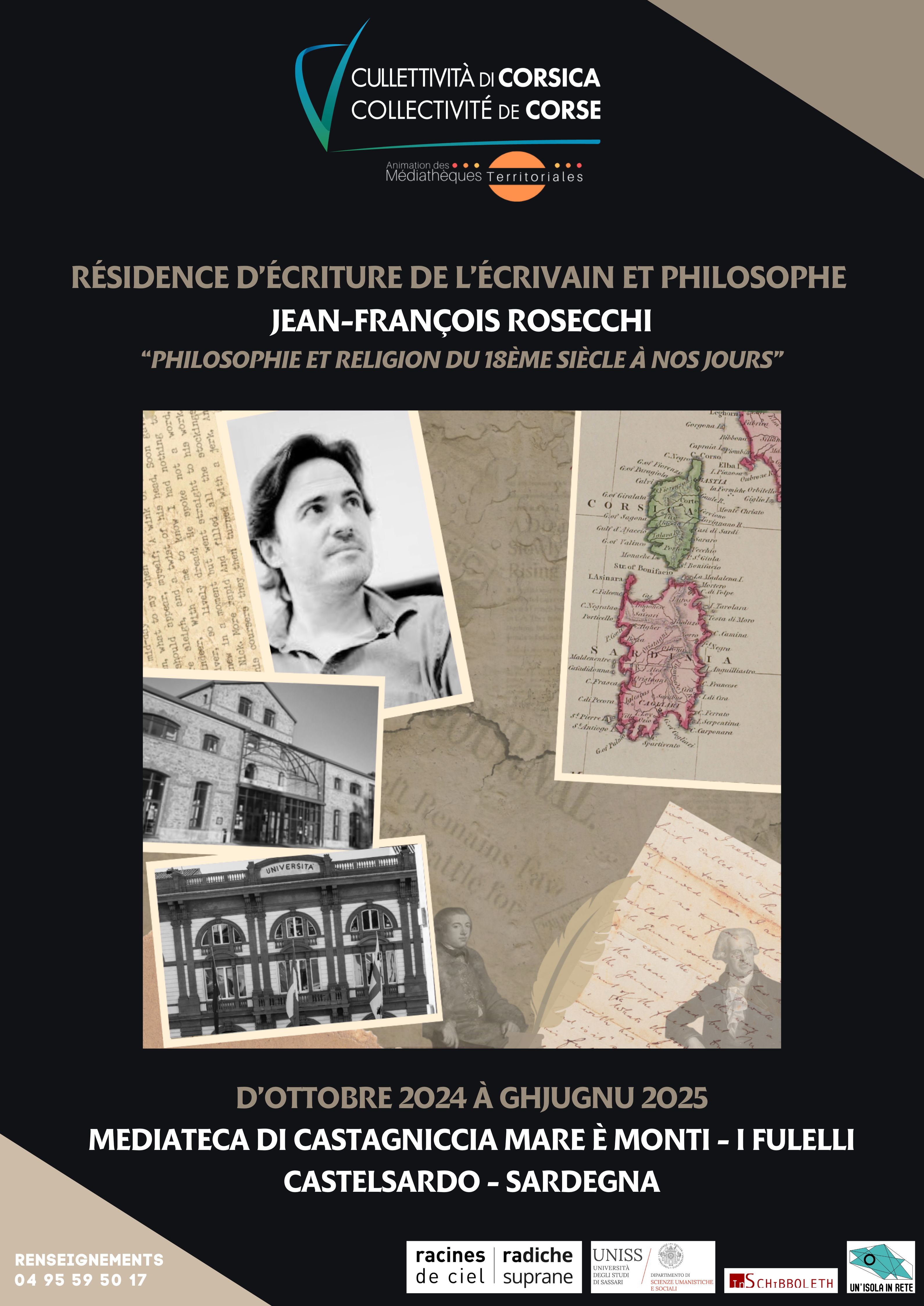 Résidence d’écriture de l’écrivain et philosophe ajaccien Jean-François Rosecchi, partagée entre A Penta di Casinca (Médiathèque de Castagniccia) et Castelsardo en Sardaigne