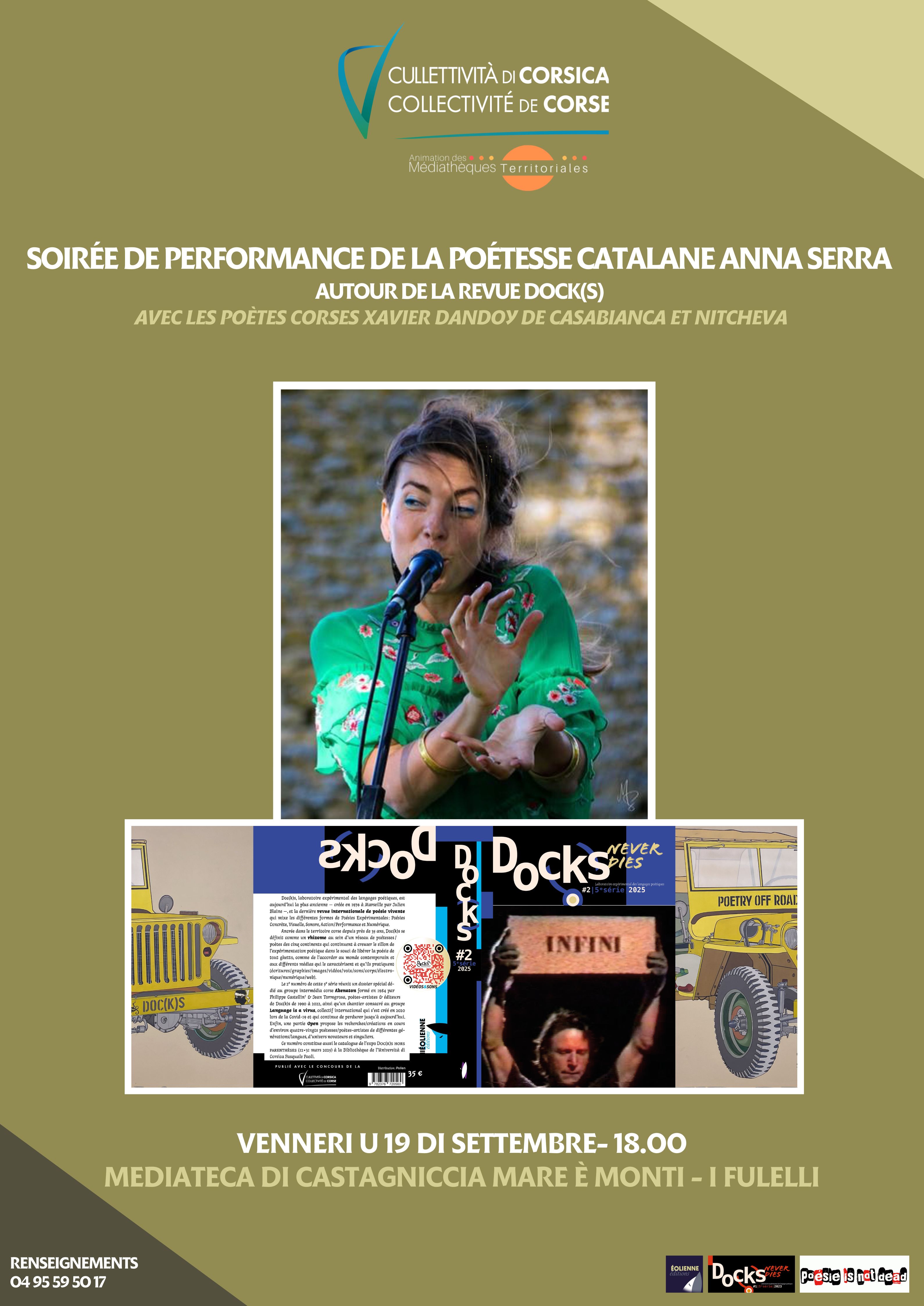 Soirée de performance de la poétesse catalane Anna Serra autour de la revue Dock(s) avec les poètes corses Xavier Dandoy de Casabianca et Nitcheva - Médiathèque de Castagniccia Mare et Monti - I Fulelli 