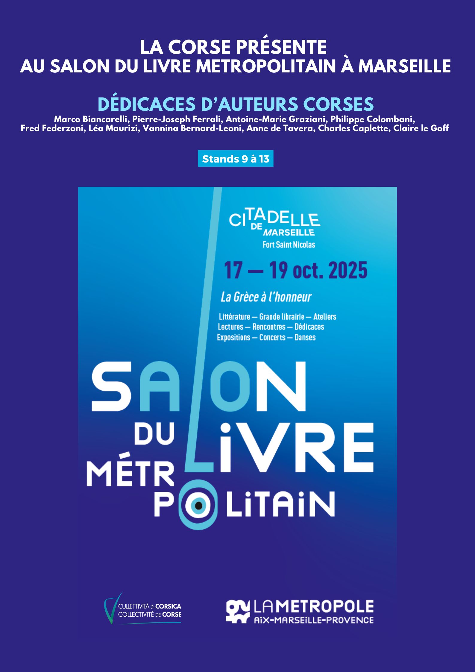 La Corse présente au salon du livre Metropolitain à Marseille : Dédicaces d'auteurs Corses et conférence d'Ophélie De Peretti directrice du musée du site archéologique de Mariana "Voyage du dieu Mithra de l'orient ancien à la Corse romaine"