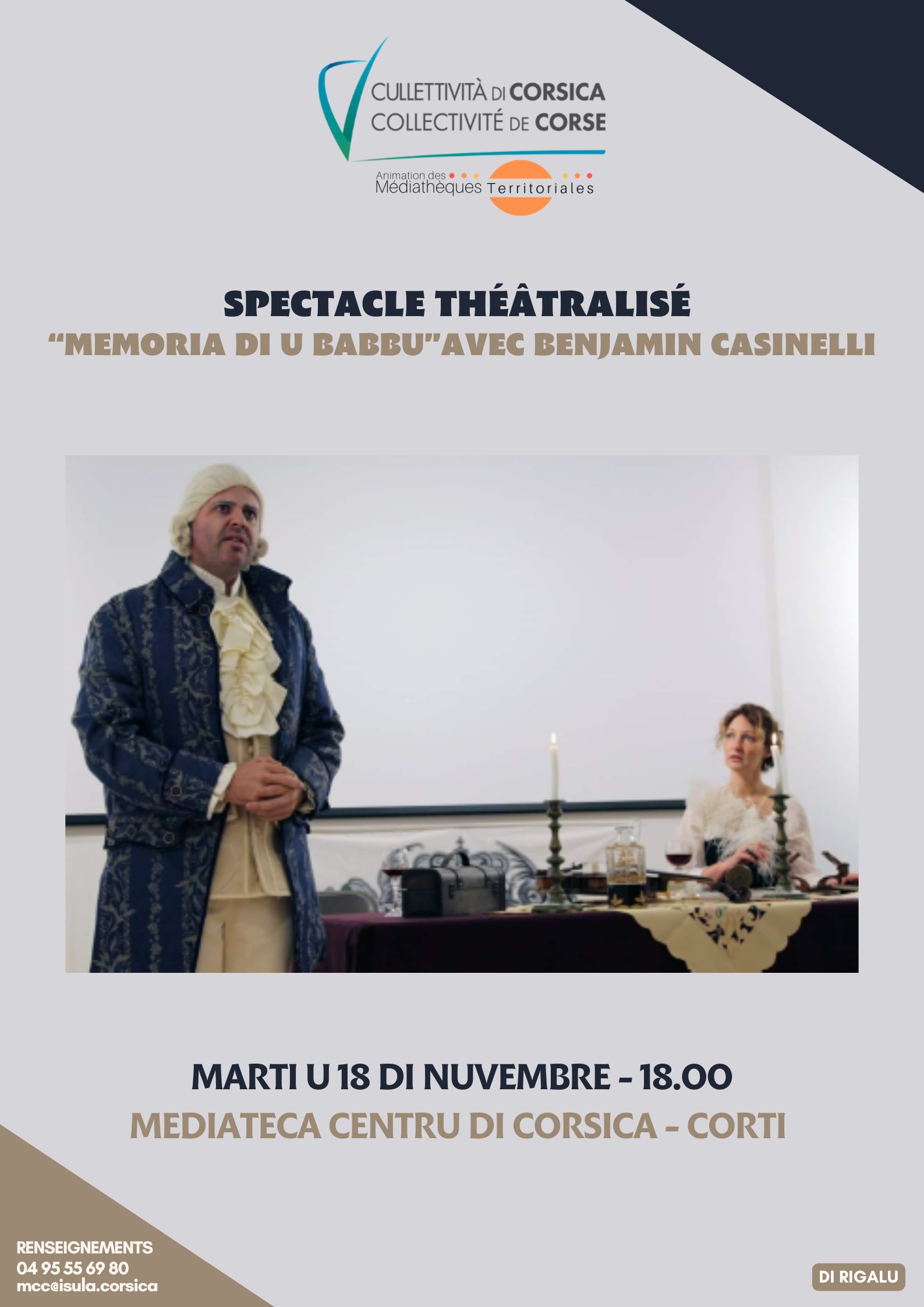 Spectacle théâtralisé :"Memoria di u Babbu" avec Benjamin Casinelli - Mediateca Centru di corsica - Corti 