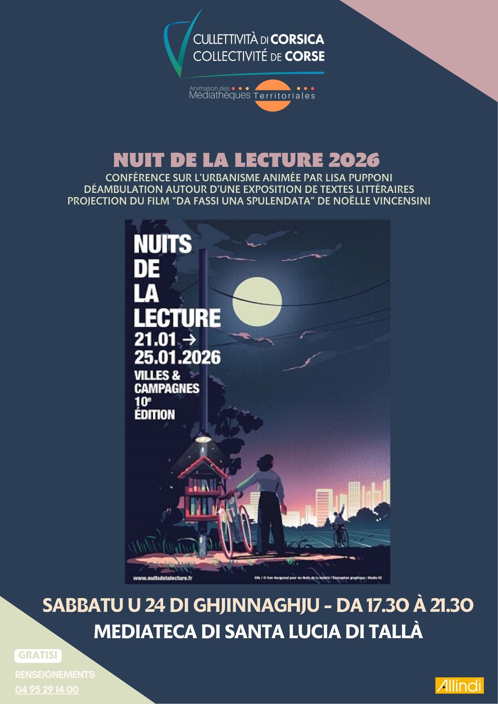 Nuit de la lecture / Conférence sur l’urbanisme animée par Lisa Pupponi, exposition de textes en français et en corse, projection du film « Da fassi una spulendata « de Noëlle Vincensini - Mediateca territuriale di Santa Lucia di Tallà