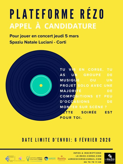 Appel à candidatures Rézo 2026 - Pour se produire le jeudi 5 mars 2026 au Spaziu Natale Luciani - Corti 