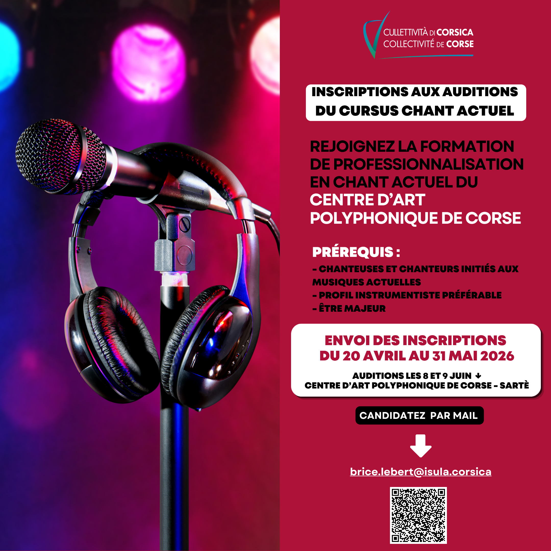 Inscriptions aux auditions du cursus de professionnalisation en "Chant actuel" du Centru d'Arti Pulifonica di Corsica 