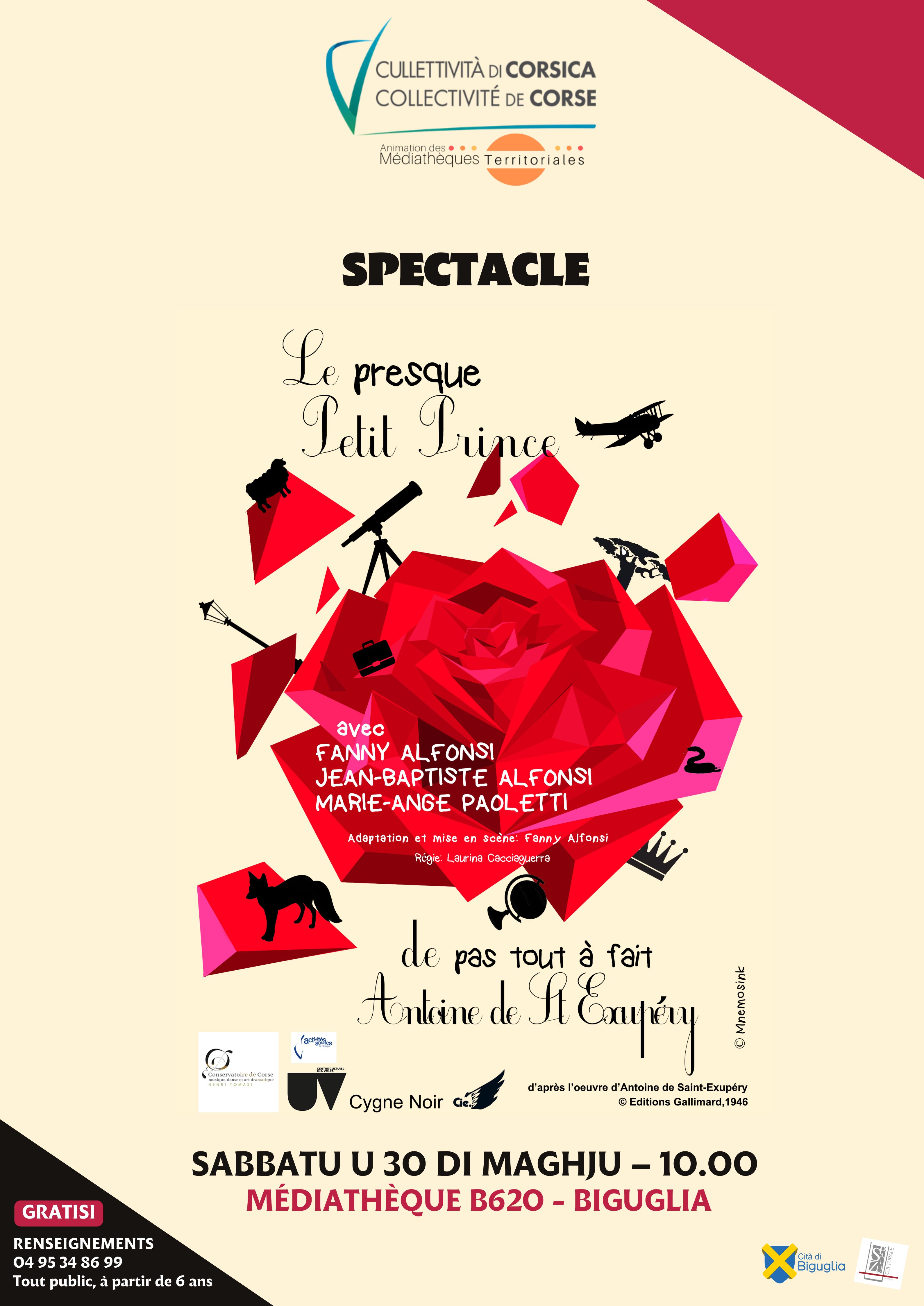 Spectacle théâtre et danse "Le presque Petit Prince de pas tout à fait Antoine de St Exupery" par la Cie du Cygne Noir - Médiathèque B620  - Biguglia