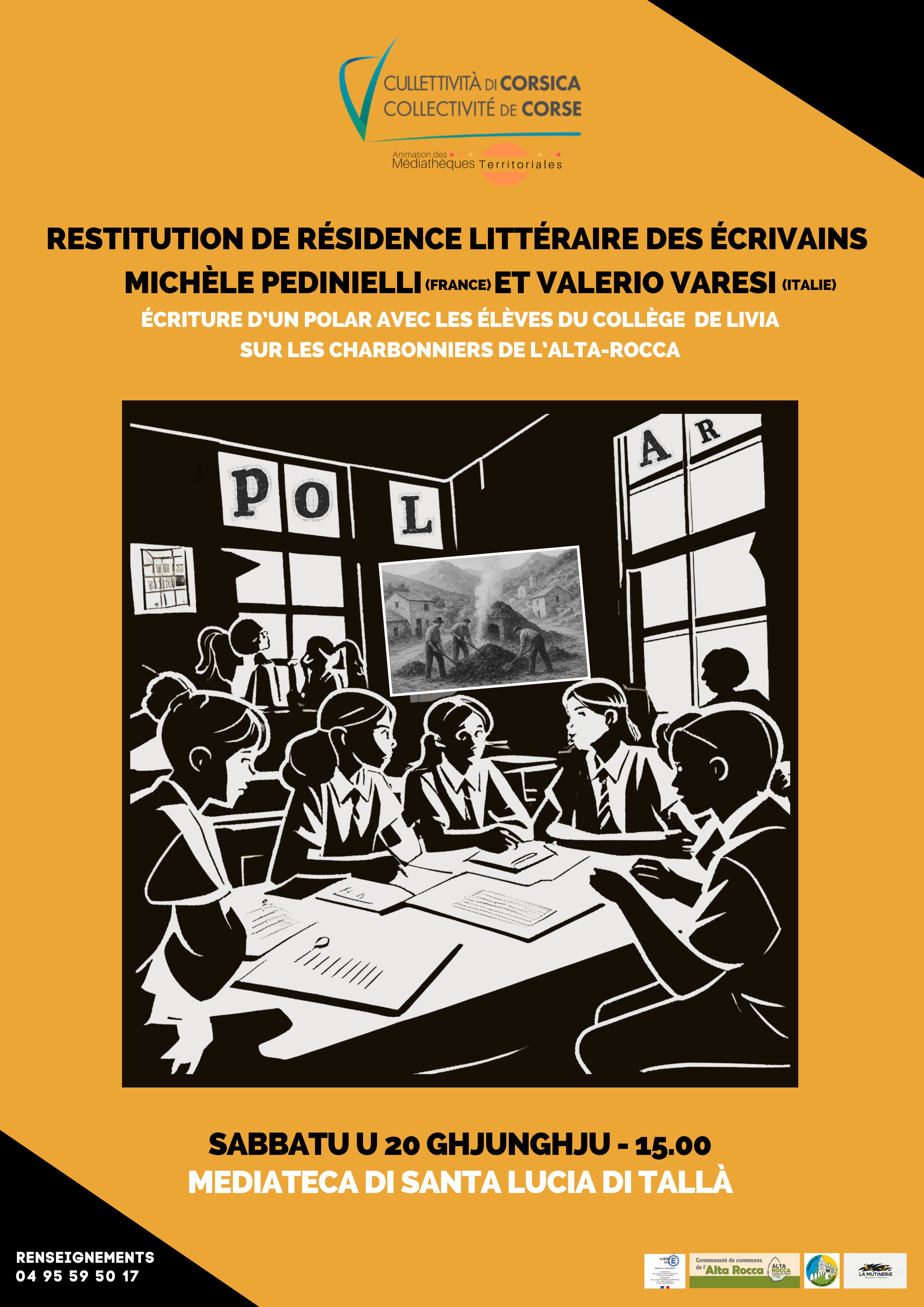 Restitution de résidence avec les écrivains Michèle Pedinielli (France) et Valerio Varesi (Italie) : Écriture d’un polar avec les élèves du collège de Livia sur les charbonniers de l’Alta-Rocca - Mediateca territuriale di Santa Lucia di Tallà 
