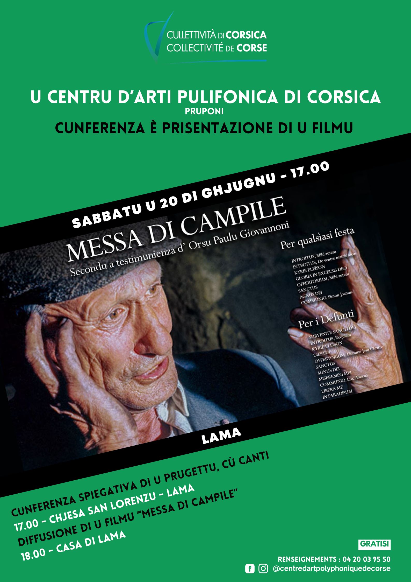 Conférence et présentation du film : "Messe de Campile", d'après les témoignages d'Orsu Paulu Giovannoni et proposés par U Centru d'Arti Pulifonica di Corsica - Eglise Saint Laurent / Casa di Lama