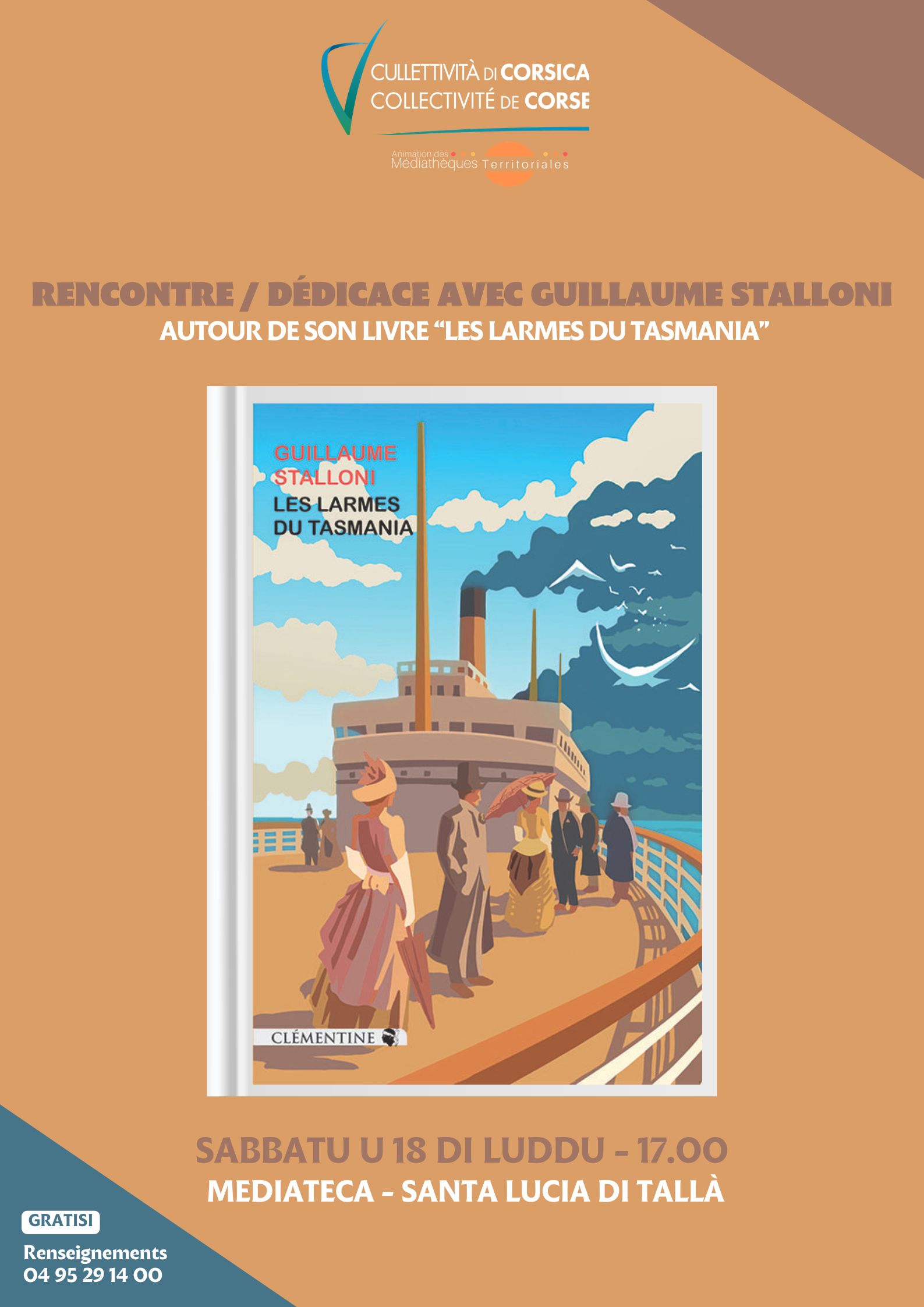 Rencontre / dédicace avec Guillaume Stalloni autour de son livre "Les larmes du Tasmania"- Mediateca territuriale di Santa Lucia di Tallà