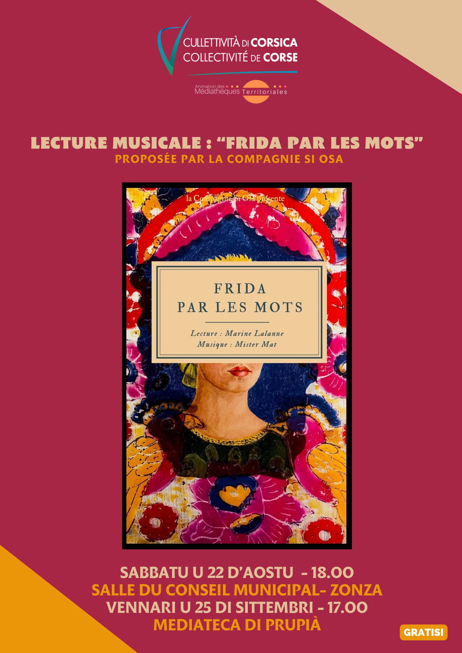 Lecture musicale : "Frida par les mots" proposée par la compagnie "Si Osa",  Lecture de Marine Lalanne accompagnée de la guitare de Mister Mat