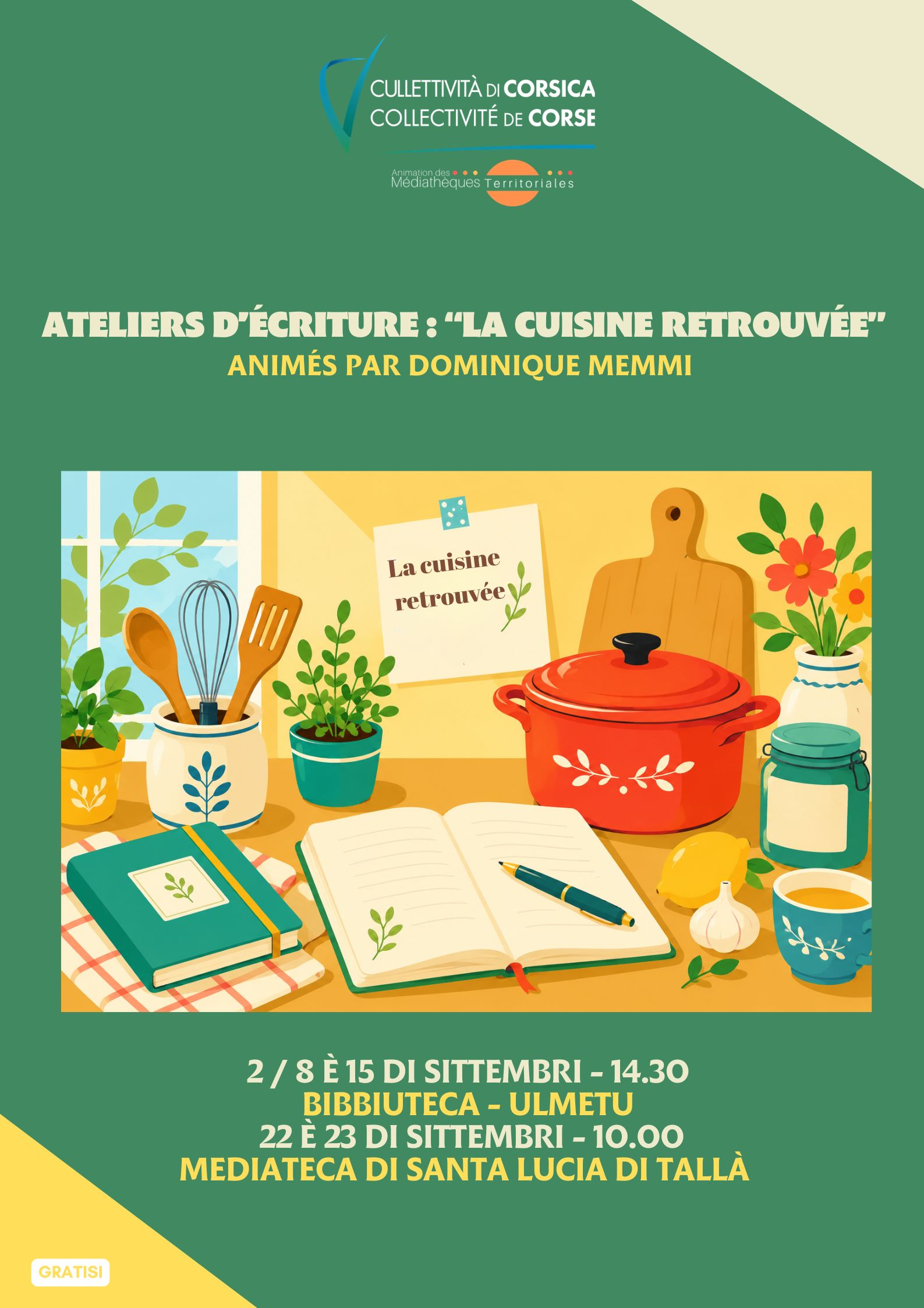 Ateliers d’écriture : "La cuisine retrouvée" animés par Dominique Memmi - Bibbiuteca d’Ulmetu / Mediateca di Santa Lucia di Tallà