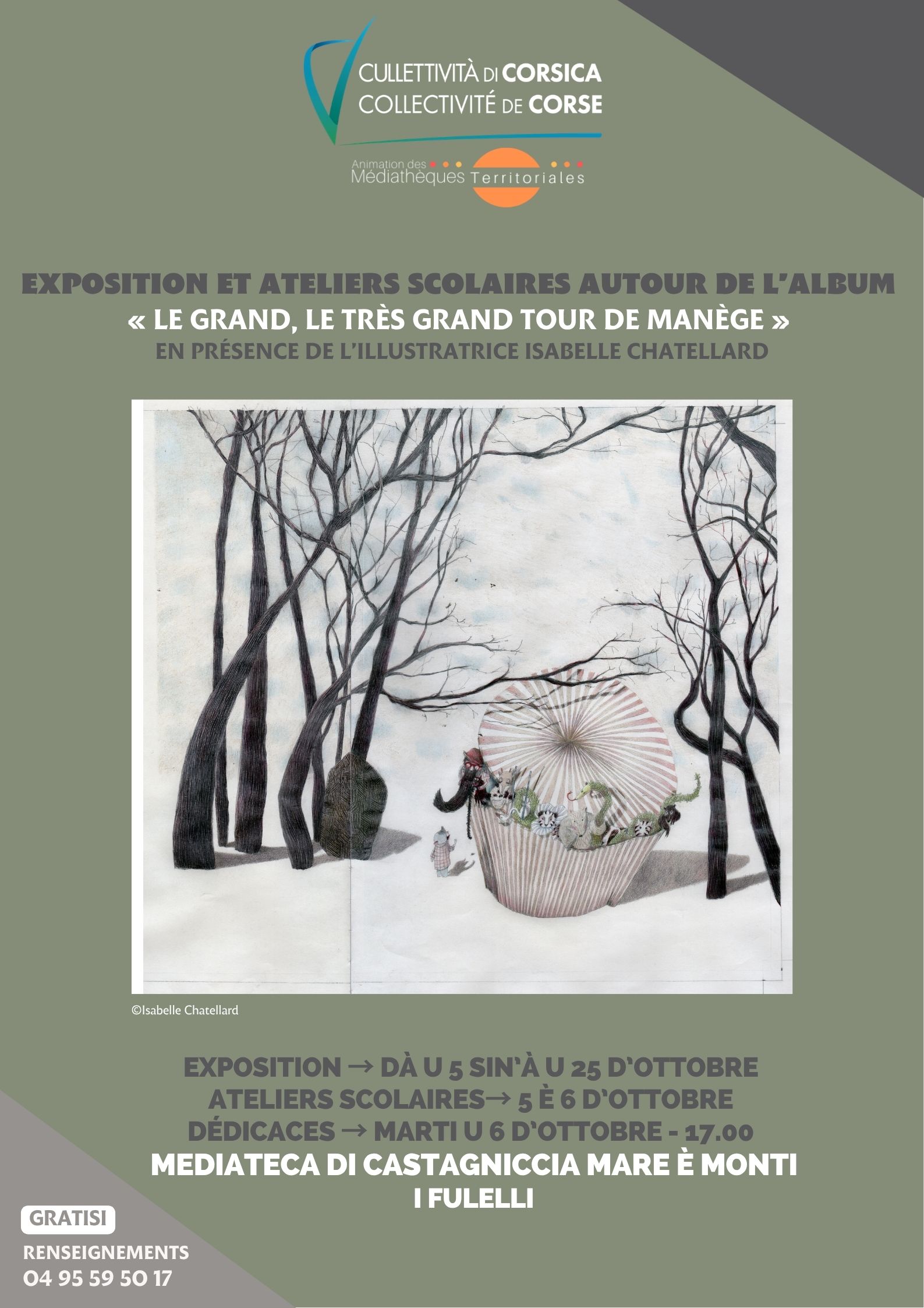 Exposition et ateliers scolaires autour de l’album : "Le grand, le très grand tour de manège" en présence de l’illustratrice Isabelle Chatellard - Médiathèque de Castagniccia Mare et Monti - I Fulelli 