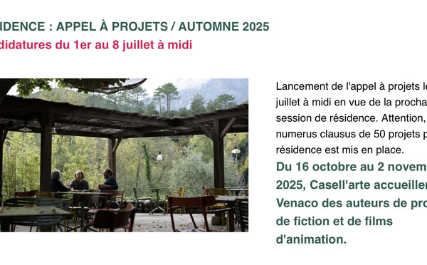 Appel à projets "Résidence d'écriture de scénario" : Fiction et animation (Automne) -  Fabbrica culturale CASELL'ARTE - Venacu