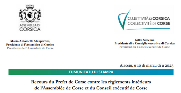 Ricorsu i u Prefettu di Corsica contr'i regulamenti interni di l'Assemblea di Corsica è di u Cunsigliu esecutivu di Corsica