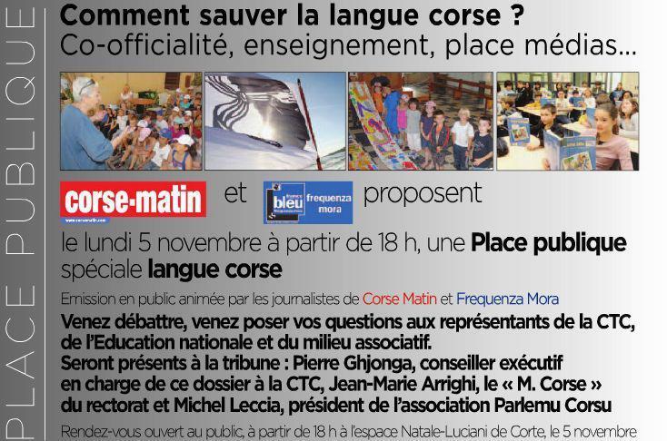 A cuufficialità di a lingua corsa nant'à a Piazza publica u 5 di nuvembre in Corti incù RCFM è Corse-Matin 