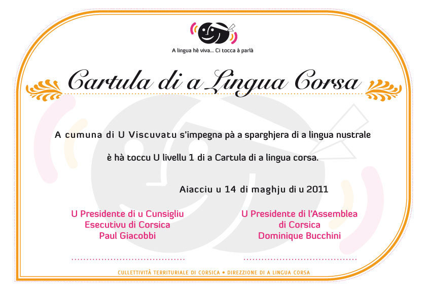 Rimessa di u diplomu di a cartula di a lingua corsa da Paul Giacobbi, Presidente di u Cunsigliu Esecutivu di Corsica à a cumuna di U Viscuvatu, sabbatu u 14 di maghju di u 2011