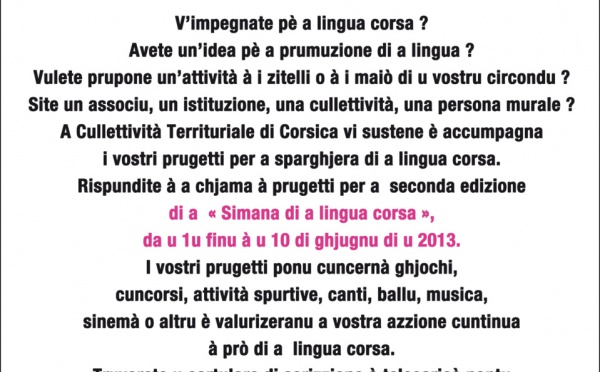 Chjama à prugetti per l'edizione 2013 di a SIMANA DI A LINGUA CORSA